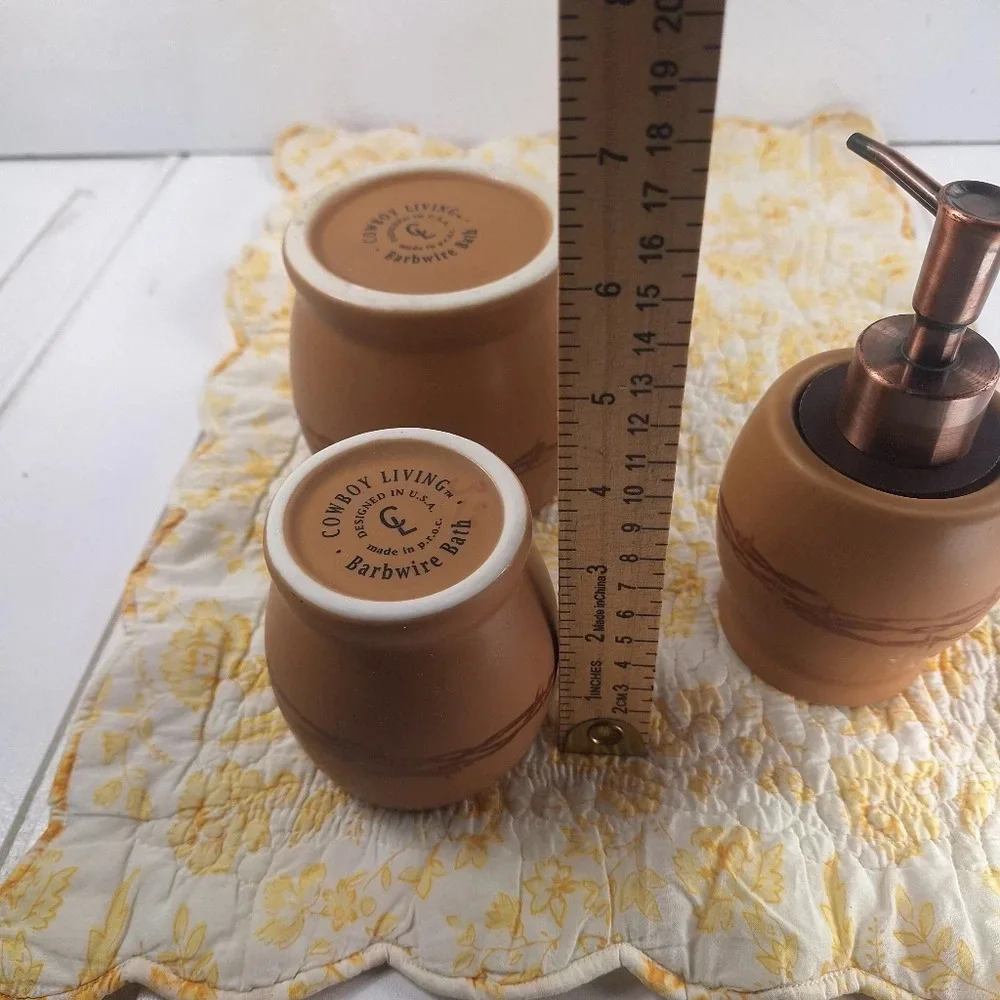 Country Living Barbwire Bath Set Rinse Cup Cotton/QTip Container Soap Pump Brown